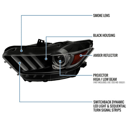 Ronnin - Fits 2015-2022 Ford Mustang Coupe Convertible Upgraded HID Xenon Projector Headlights Switchback Sequential Turn Signals + Animated Startup Effect Assembly Pair | Black Smoke