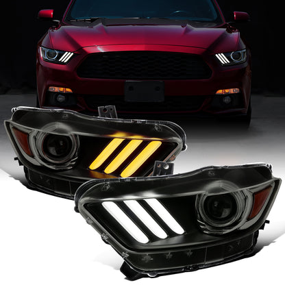 Ronnin - Fits 2015-2022 Ford Mustang Coupe Convertible Upgraded HID Xenon Projector Headlights Switchback Sequential Turn Signals + Animated Startup Effect Assembly Pair | Black Smoke