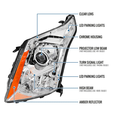 Ronnin - Fits 2010-2016 Cadillac SRX Halogen Projector Headlights Factory Replacement Assembly Pair | Chrome