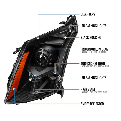 Ronnin - Fits 2010-2016 Cadillac SRX Halogen Projector Headlights Factory Replacement Assembly Pair | Black