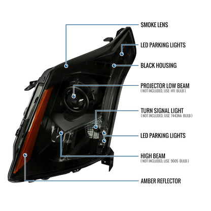 Ronnin - Fits 2010-2016 Cadillac SRX Halogen Projector Headlights Factory Replacement Assembly Pair | Black Smoke