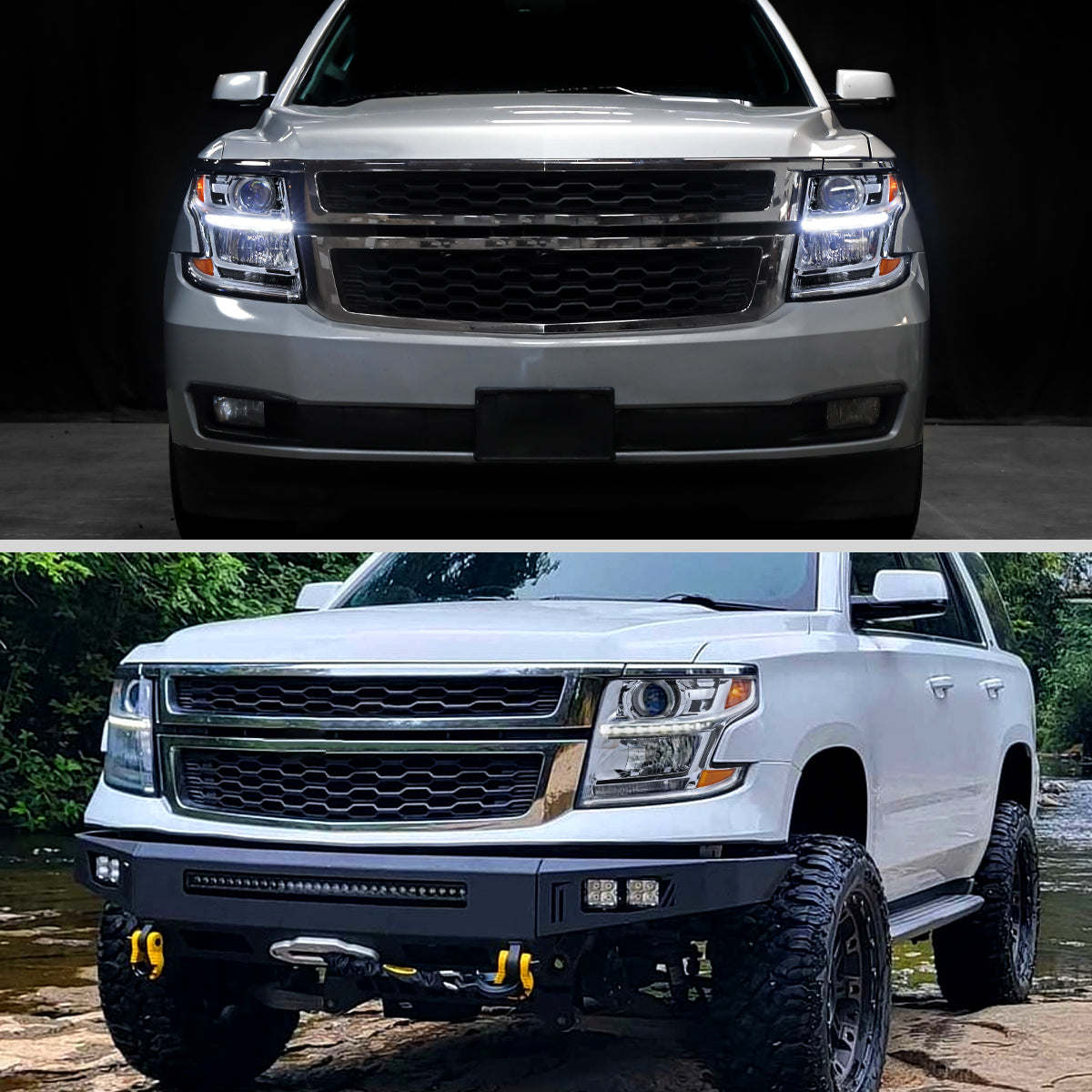 Ronnin - Fits 2015-2020 Chevy Tahoe Suburban Upgraded Replacement LED DRL Halogen Projector Headlights Assembly Pair | Chrome