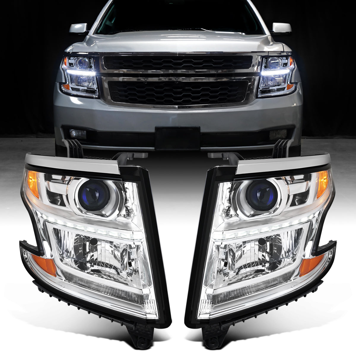 Ronnin - Fits 2015-2020 Chevy Tahoe Suburban Upgraded Replacement LED DRL Halogen Projector Headlights Assembly Pair | Chrome