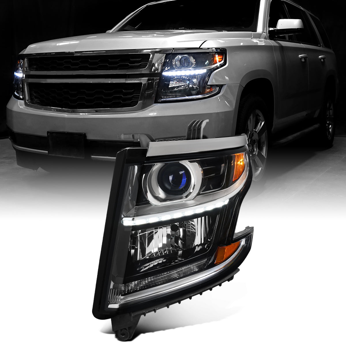 Ronnin - Fits 2015-2020 Chevy Tahoe Suburban Upgraded Replacement LED DRL Halogen Projector Headlights Assembly | Black | Driver Side