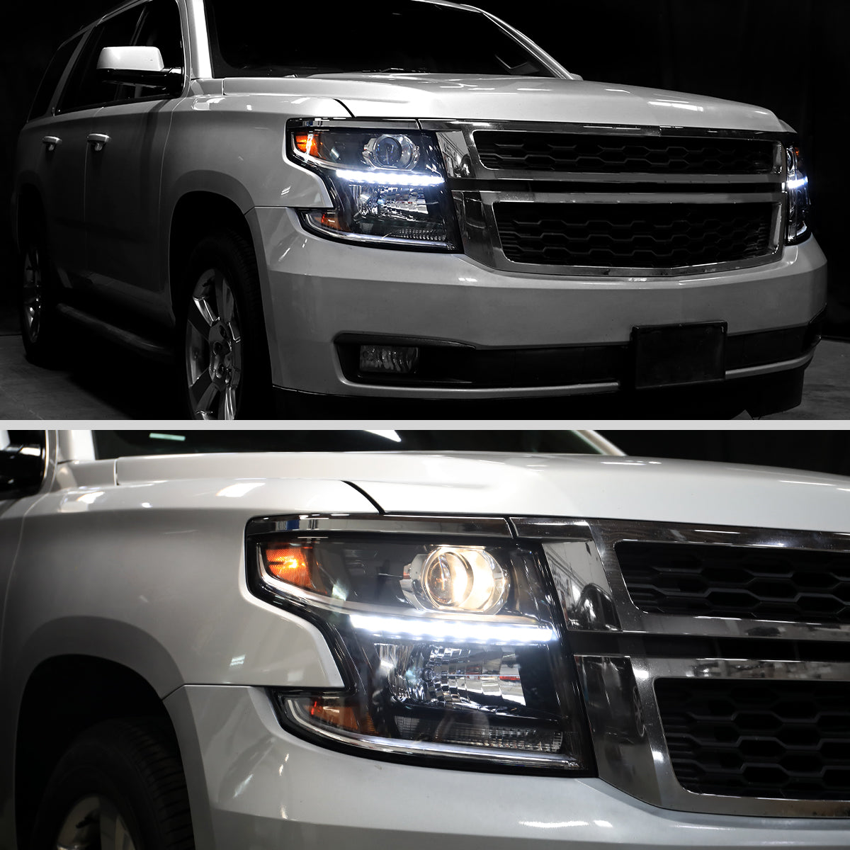 Ronnin - Fits 2015-2020 Chevy Tahoe Suburban Upgraded Replacement LED DRL Halogen Projector Headlights Assembly | Black | Passenger Side