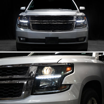 Ronnin - Fits 2015-2020 Chevy Tahoe Suburban Upgraded Replacement LED DRL Halogen Projector Headlights Assembly Pair | Black Smoke