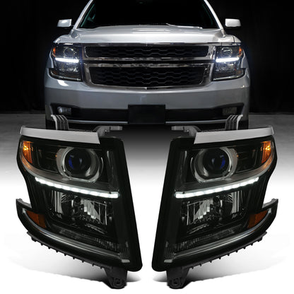 Ronnin - Fits 2015-2020 Chevy Tahoe Suburban Upgraded Replacement LED DRL Halogen Projector Headlights Assembly Pair | Black Smoke