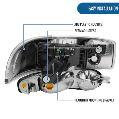 1999-2007 GMC Sierra 1500 2500 3500 Classic Yukon Denali Halogen Headlights + Bumper Lights Replacement Assembly Pair | Chrome