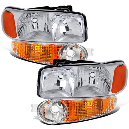1999-2007 GMC Sierra 1500 2500 3500 Classic Yukon Denali Halogen Headlights + Bumper Lights Replacement Assembly Pair | Chrome
