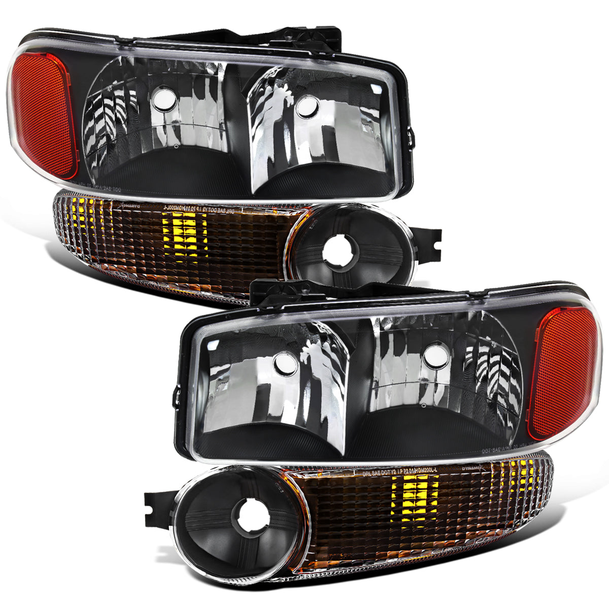 1999-2007 GMC Sierra 1500 2500 3500 Classic Yukon Denali Halogen Headlights + Bumper Lights Replacement Assembly Pair | Black