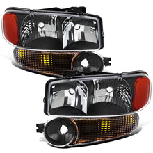 1999-2007 GMC Sierra 1500 2500 3500 Classic Yukon Denali Halogen Headlights + Bumper Lights Replacement Assembly Pair | Black