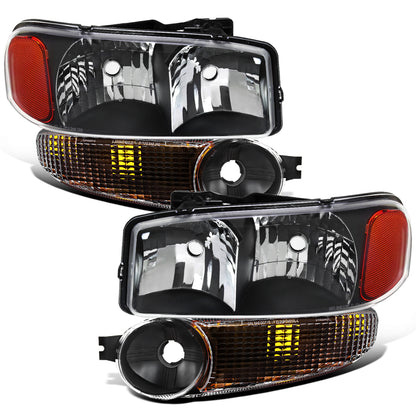 1999-2007 GMC Sierra 1500 2500 3500 Classic Yukon Denali Halogen Headlights + Bumper Lights Replacement Assembly Pair | Black