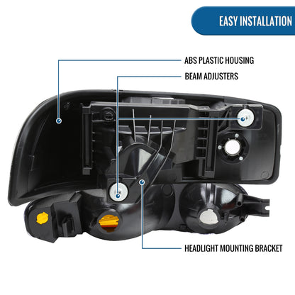 1999-2007 GMC Sierra 1500 2500 3500 Classic Yukon Denali Halogen Headlights + Bumper Lights Replacement Assembly Pair | Black Smoke