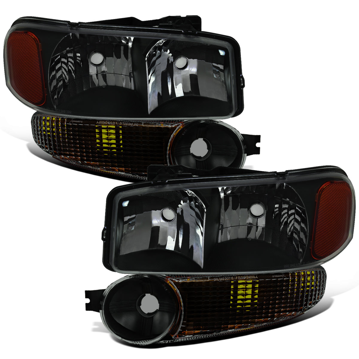 1999-2007 GMC Sierra 1500 2500 3500 Classic Yukon Denali Halogen Headlights + Bumper Lights Replacement Assembly Pair | Black Smoke