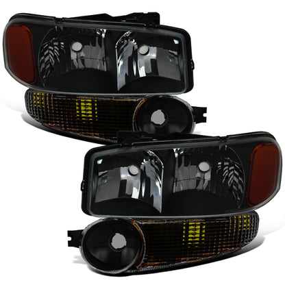 1999-2007 GMC Sierra 1500 2500 3500 Classic Yukon Denali Halogen Headlights + Bumper Lights Replacement Assembly Pair | Black Smoke