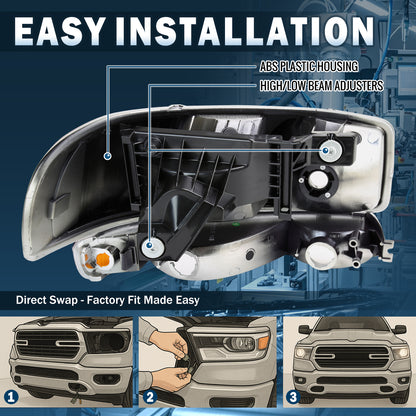 1999-2007 GMC Sierra 1500 2500 3500 Classic Yukon XL 1500 2500  Replacement Headlights + Bumper Lights Assembly Pair | Chrome
