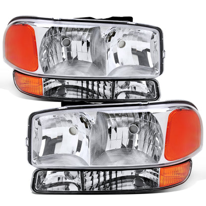 1999-2007 GMC Sierra 1500 2500 3500 Classic Yukon XL 1500 2500  Replacement Headlights + Bumper Lights Assembly Pair | Chrome