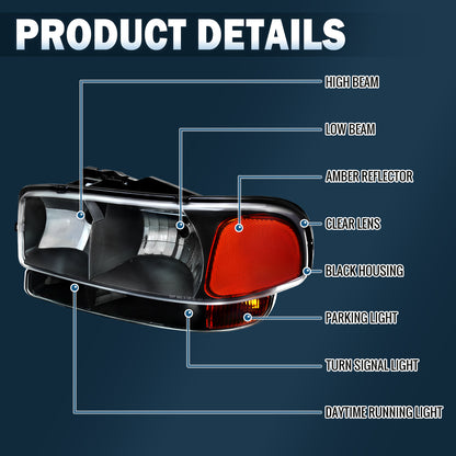 1999-2007 GMC Sierra 1500 2500 3500 Classic Yukon XL 1500 2500  Replacement Headlights + Bumper Lights Assembly Pair | Black