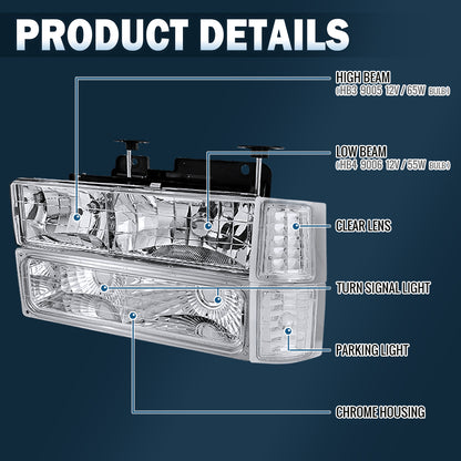 Ronnin - Compatible con Chevy C10 C/K 1500 2500 3500 Silverado Suburban Tahoe de 1994-1998 Faros delanteros con reflector transparente + luces direccionales de esquina + luces de estacionamiento de parachoques (par) | Cromo