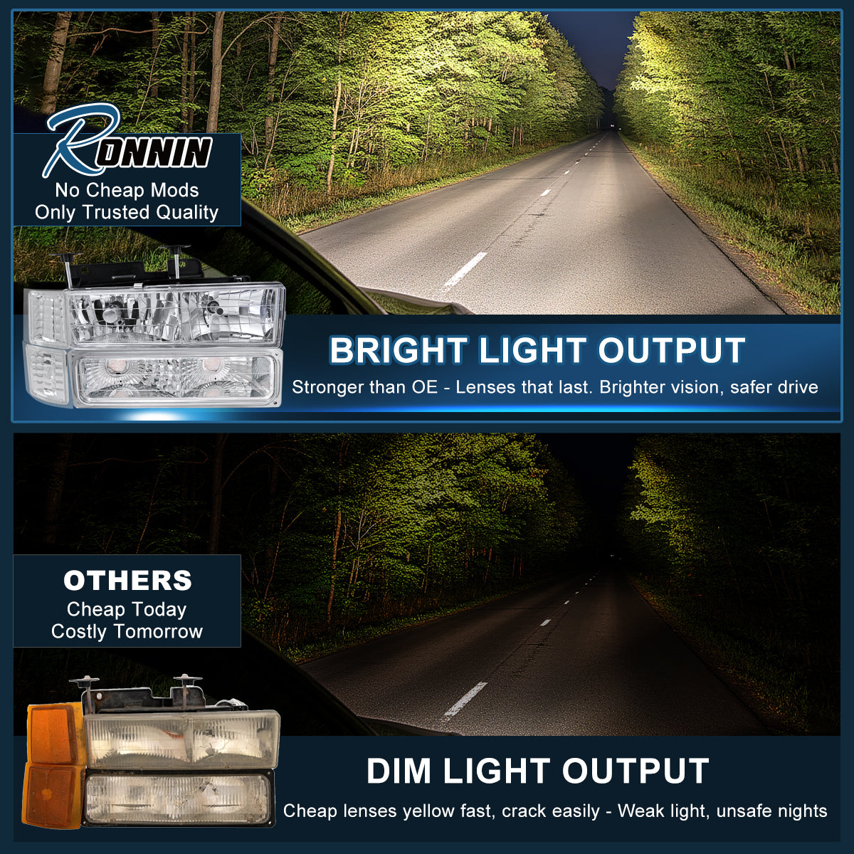 Ronnin - Compatible con Chevy C10 C/K 1500 2500 3500 Silverado Suburban Tahoe de 1994-1998 Faros delanteros con reflector transparente + luces direccionales de esquina + luces de estacionamiento de parachoques (par) | Cromo
