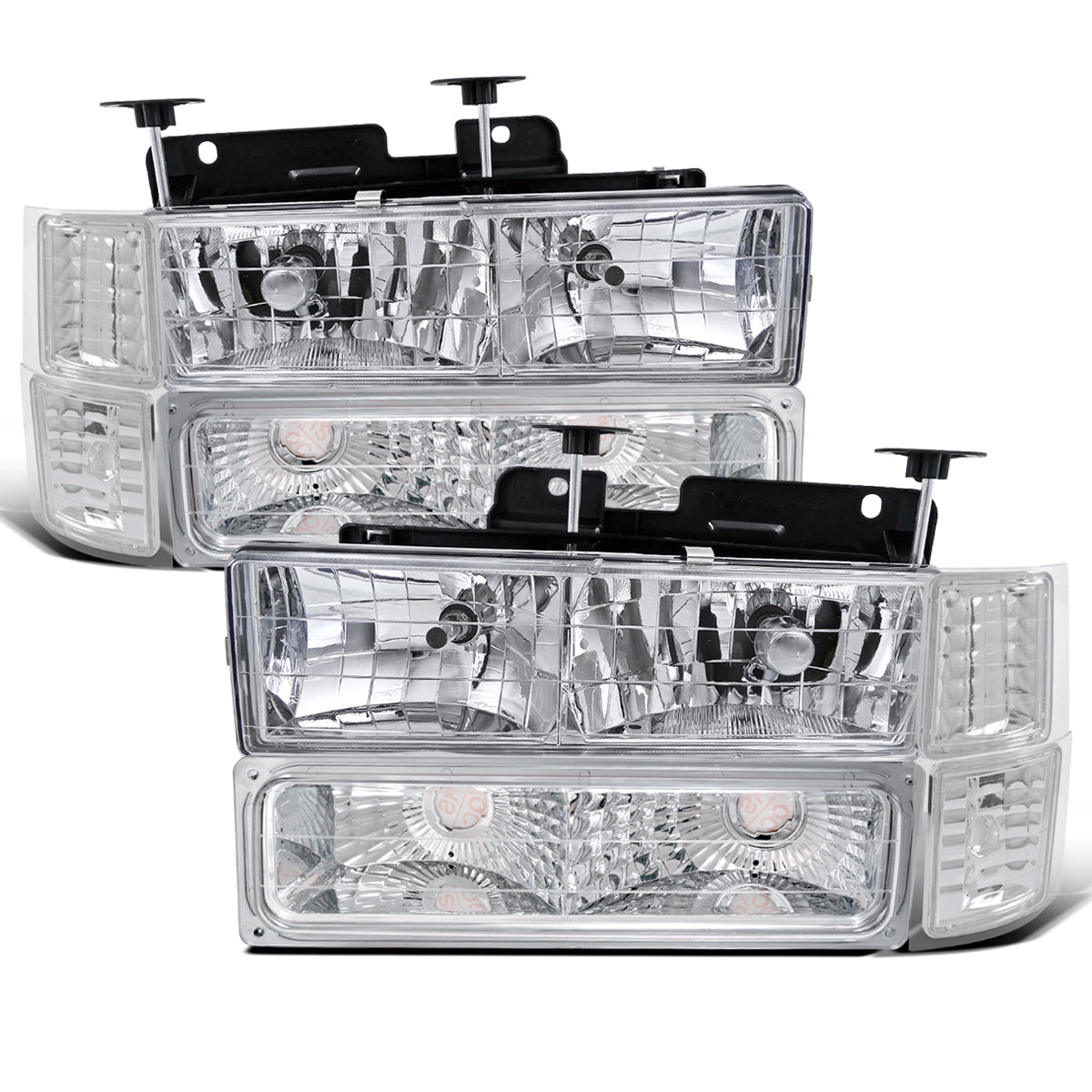 Ronnin - Compatible con Chevy C10 C/K 1500 2500 3500 Silverado Suburban Tahoe de 1994-1998 Faros delanteros con reflector transparente + luces direccionales de esquina + luces de estacionamiento de parachoques (par) | Cromo