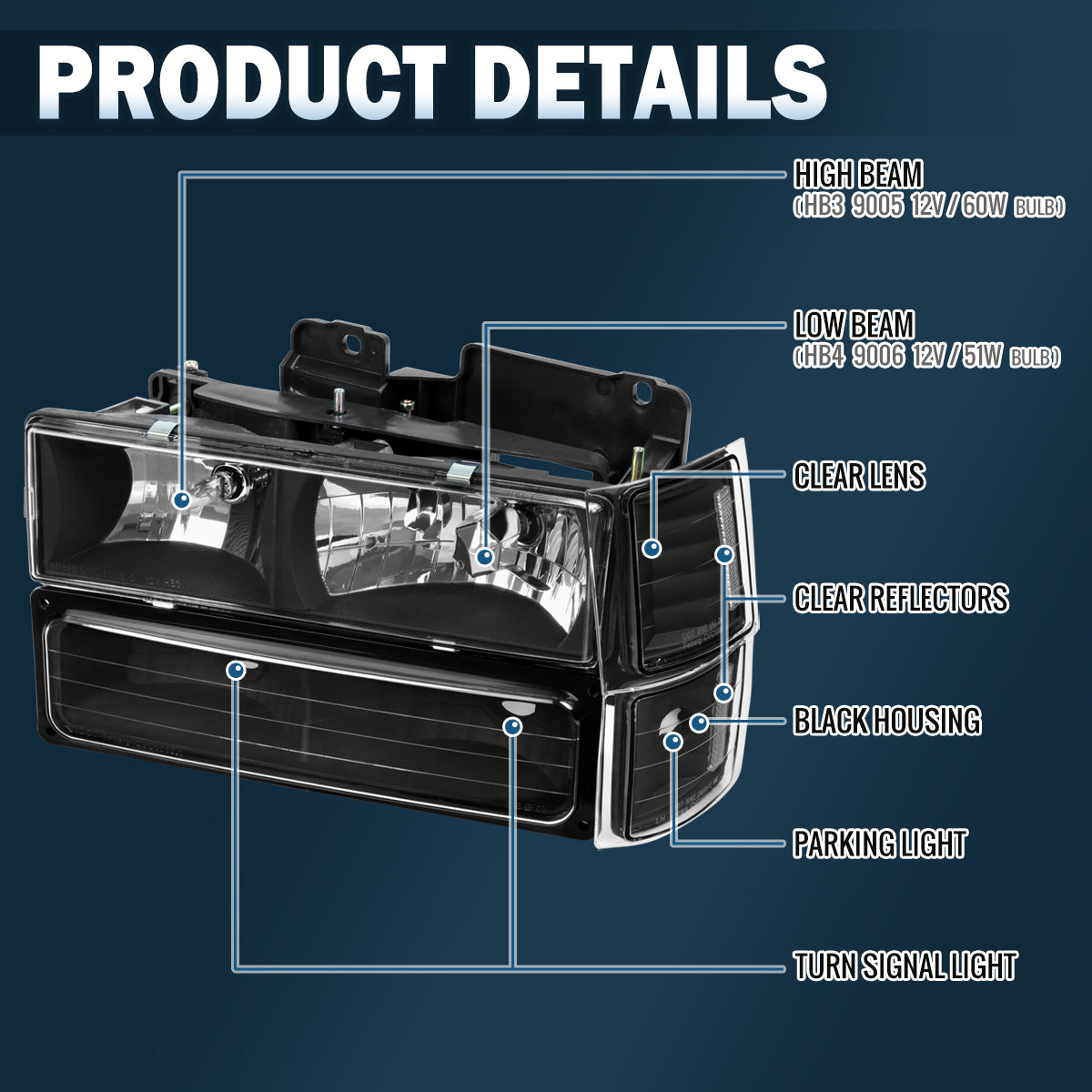 Ronnin - Compatible con Chevy C10 C/K 1500 2500 3500 Silverado Suburban Tahoe de 1994-1998 Faros con reflector transparente + Luces de señal de esquina + Luces de estacionamiento en el parachoques Par de montaje | Negro