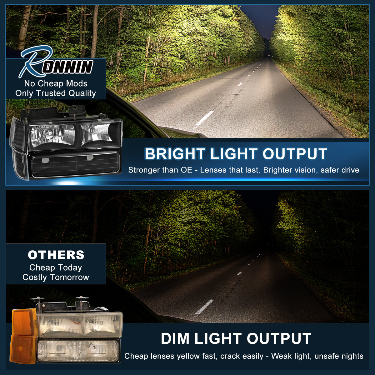 Ronnin - Compatible con Chevy C10 C/K 1500 2500 3500 Silverado Suburban Tahoe de 1994-1998 Faros con reflector transparente + Luces de señal de esquina + Luces de estacionamiento en el parachoques Par de montaje | Negro