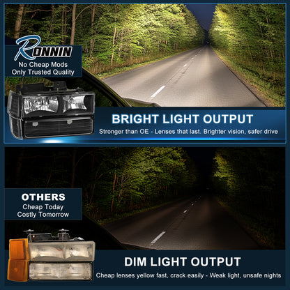 Ronnin - Compatible con Chevy C10 C/K 1500 2500 3500 Silverado Suburban Tahoe de 1994-1998 Faros con reflector transparente + Luces de señal de esquina + Luces de estacionamiento en el parachoques Par de montaje | Negro