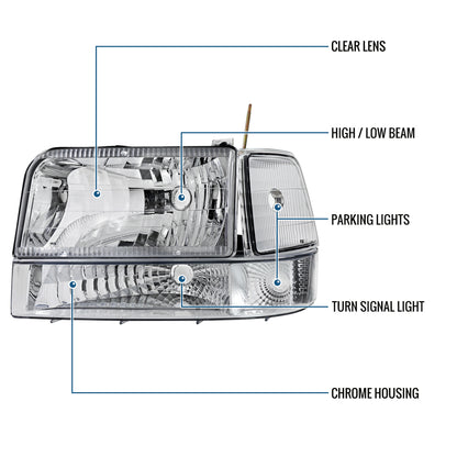 Ronnin - Compatible con Ford F150 F250 F350 Bronco de 1992-1996 Ensamblaje de faros delanteros de repuesto + luces de parachoques transparentes + luces de esquina | Cromado