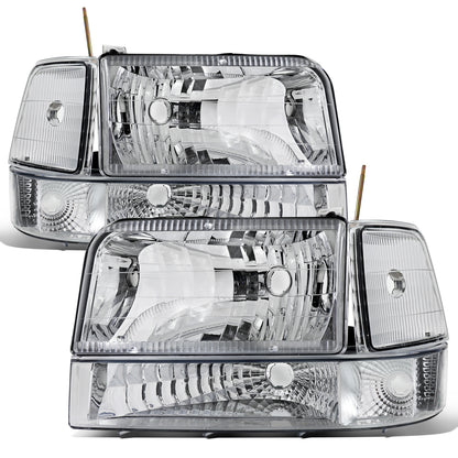 Ronnin - Compatible con Ford F150 F250 F350 Bronco de 1992-1996 Ensamblaje de faros delanteros de repuesto + luces de parachoques transparentes + luces de esquina | Cromado