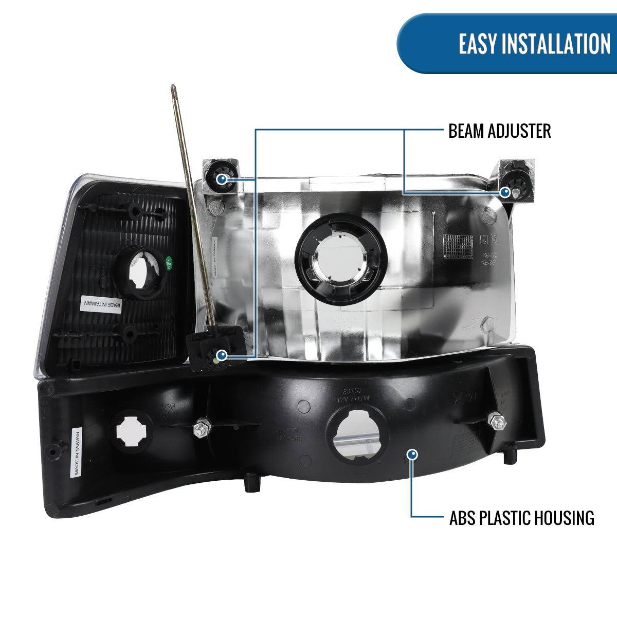 1992-1996 Ford F150 F250 F350 Bronco  Replacement Headlights + Clear Bumper Lights + Corner Lights Assembly Pair | Black