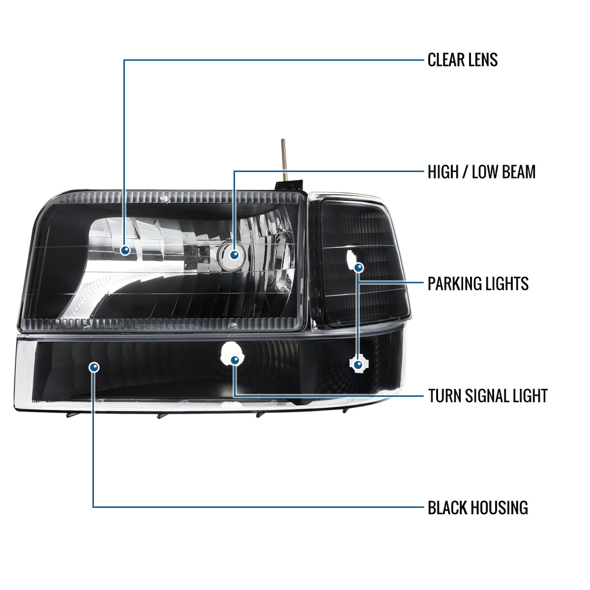 1992-1996 Ford F150 F250 F350 Bronco  Replacement Headlights + Clear Bumper Lights + Corner Lights Assembly Pair | Black
