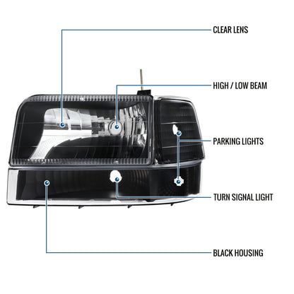 1992-1996 Ford F150 F250 F350 Bronco  Replacement Headlights + Clear Bumper Lights + Corner Lights Assembly Pair | Black