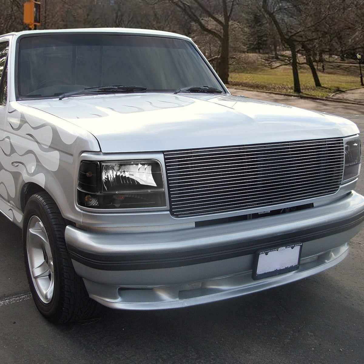 1992-1996 Ford F150 F250 F350 Bronco  Replacement Headlights + Clear Bumper Lights + Corner Lights Assembly Pair | Black