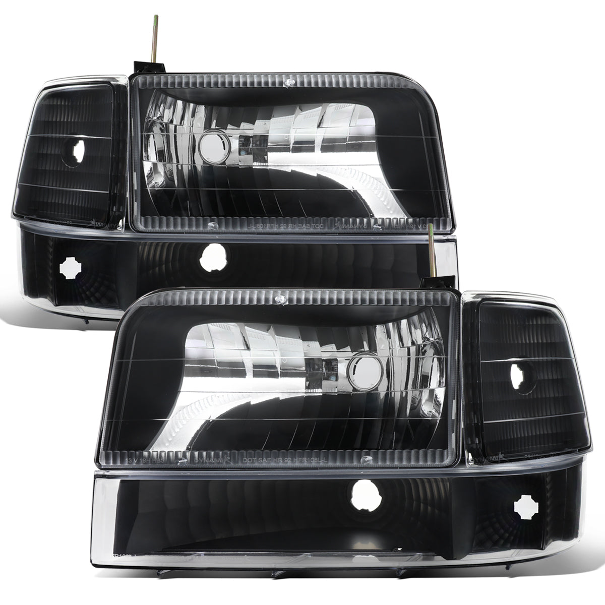 1992-1996 Ford F150 F250 F350 Bronco  Replacement Headlights + Clear Bumper Lights + Corner Lights Assembly Pair | Black