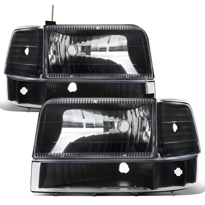 1992-1996 Ford F150 F250 F350 Bronco  Replacement Headlights + Clear Bumper Lights + Corner Lights Assembly Pair | Black