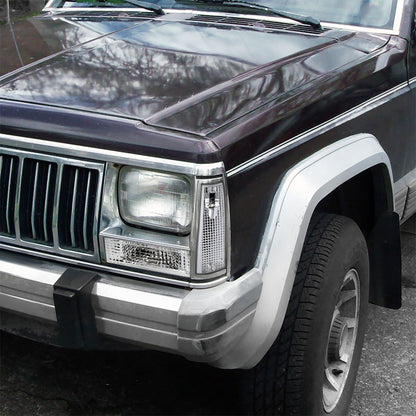 Ronnin - Se adapta a Cherokee Comanche Wagoneer XJ de 1984-1996 Luces de esquina con reflector transparente + Par de conjuntos de repuesto de luces de parachoques | Cromo