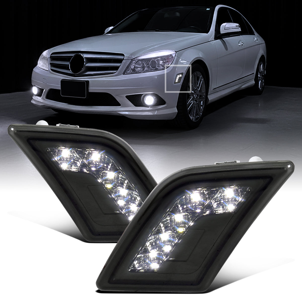 Ronnin - Compatible con Mercedes-Benz W204 C300 C350 C63 2008-2011 Par de luces LED completas para esquinas del parachoques | Ahumado