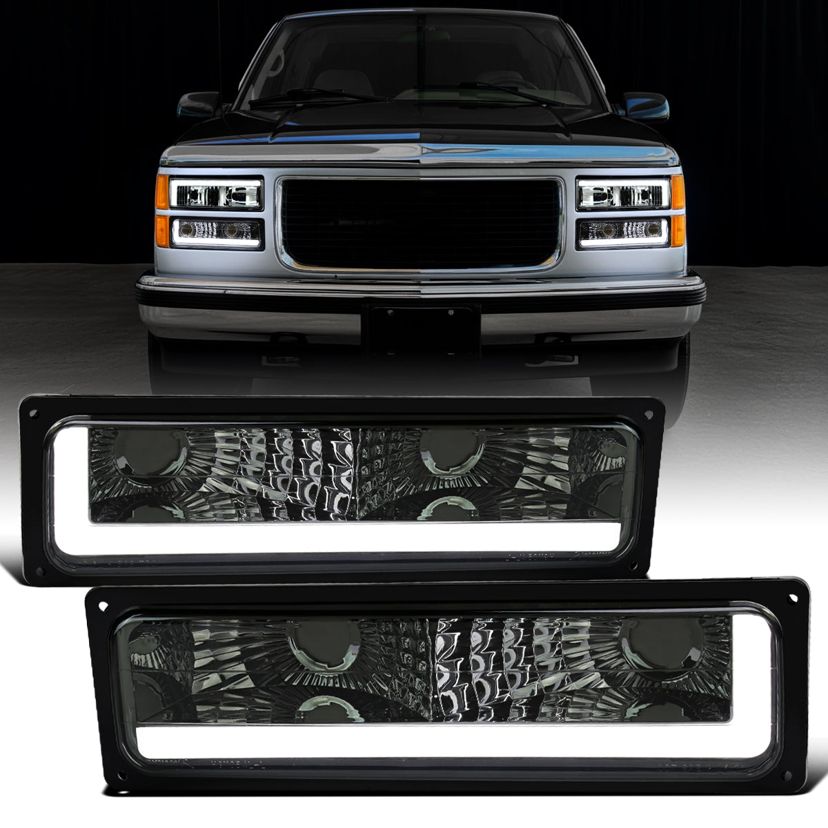1988-1999 Chevy C10 C/K Silverado Suburban Tahoe Sierra Yukon Blazer LED Tube Corner Bumper Parking Lights Assembly Pair | Smoke
