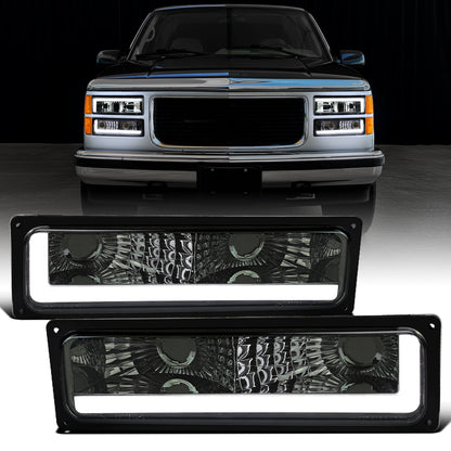 1988-1999 Chevy C10 C/K Silverado Suburban Tahoe Sierra Yukon Blazer LED Tube Corner Bumper Parking Lights Assembly Pair | Smoke