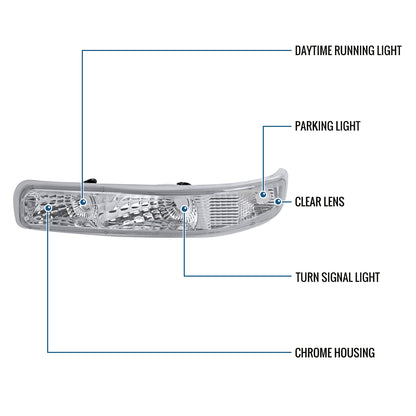 Ronnin - Fits 1999-2002 Chevy Silverado 2000-2006 Tahoe Suburban 1500 2500 Factory Replacement Clear Reflector Bumper Turn Signals Lights Assembly Pair | Chrome