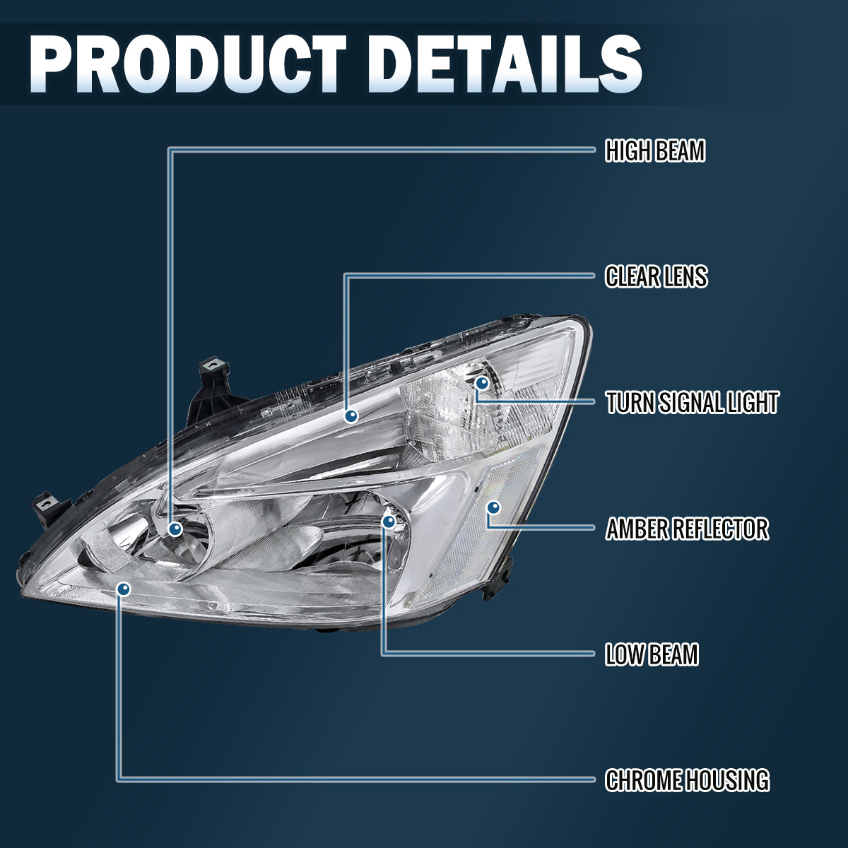 2003-2007 Honda Accord Sedan Coupe Clear Reflector  Replacement Headlights Assembly Pair | Chrome
