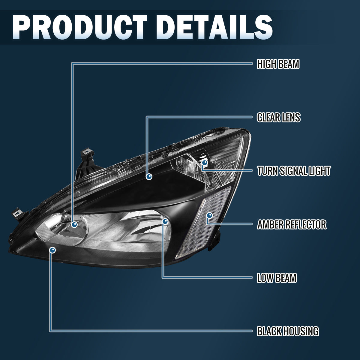 Ronnin - Conjunto de faros delanteros de repuesto para Honda Accord Sedan Coupé 2003-2007 con reflector transparente | Negro