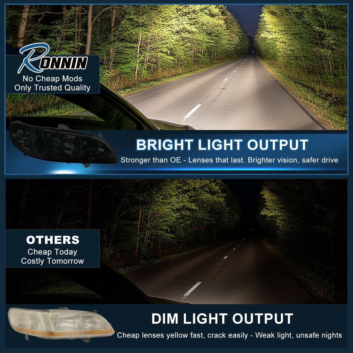 Ronnin - Conjunto de faros delanteros de repuesto para Honda Accord Sedán Coupé 1998-2002 con reflector transparente (par) | Negro ahumado
