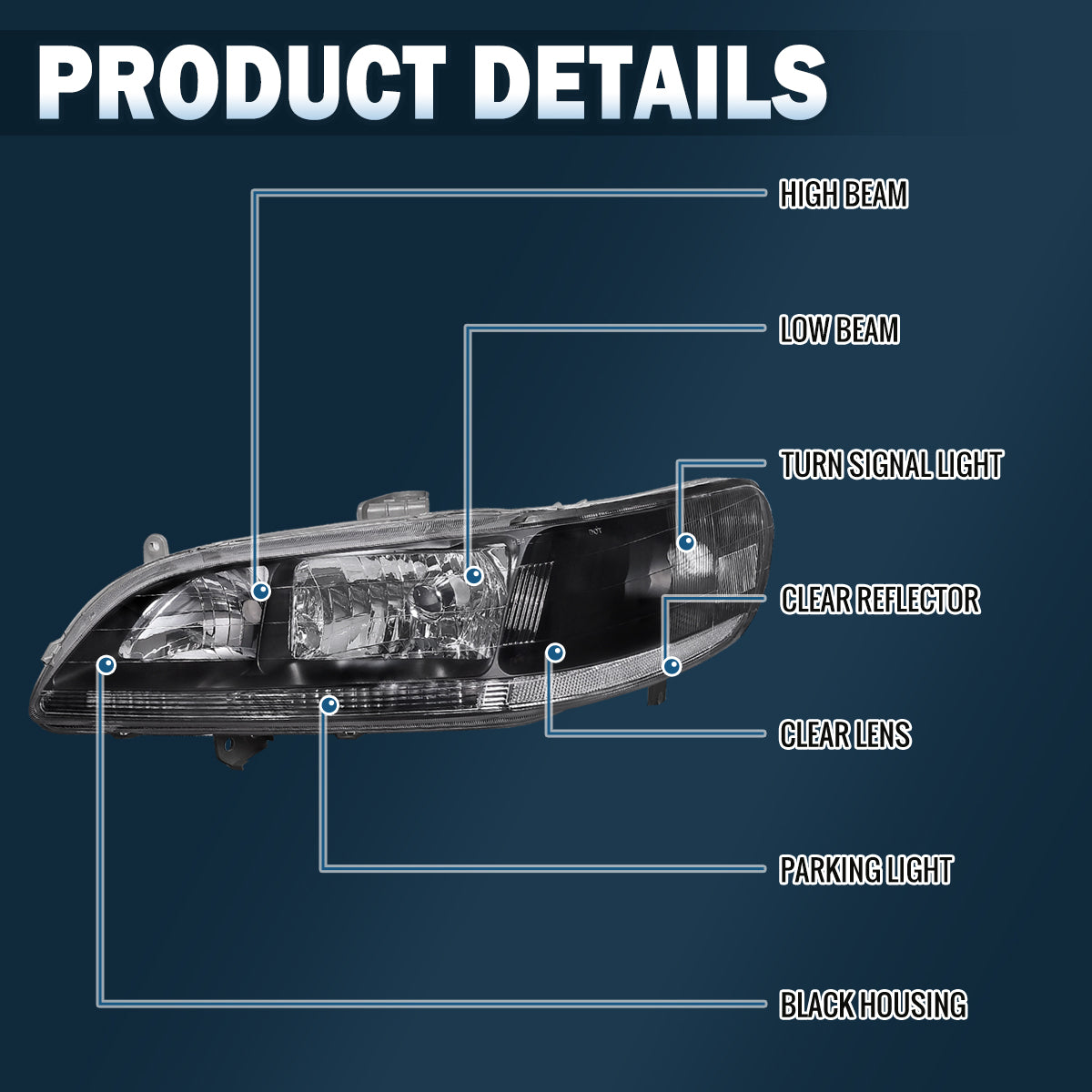 Ronnin - Faros delanteros de repuesto con reflector transparente para Honda Accord Sedán Coupé 1998-2002, par | Negros