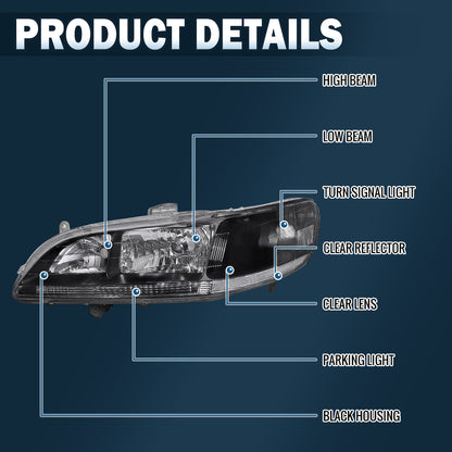 Ronnin - Faros delanteros de repuesto con reflector transparente para Honda Accord Sedán Coupé 1998-2002, par | Negros