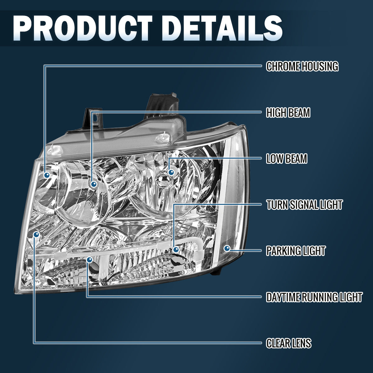 Ronnin - Faros de repuesto con reflector transparente para Chevy Avalanche Tahoe Suburban 2007-2014, par | Cromados