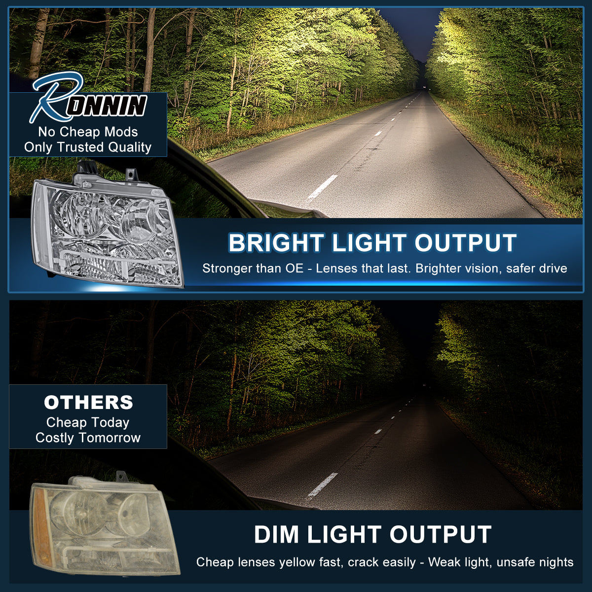 Ronnin - Faros de repuesto con reflector transparente para Chevy Avalanche Tahoe Suburban 2007-2014, par | Cromados