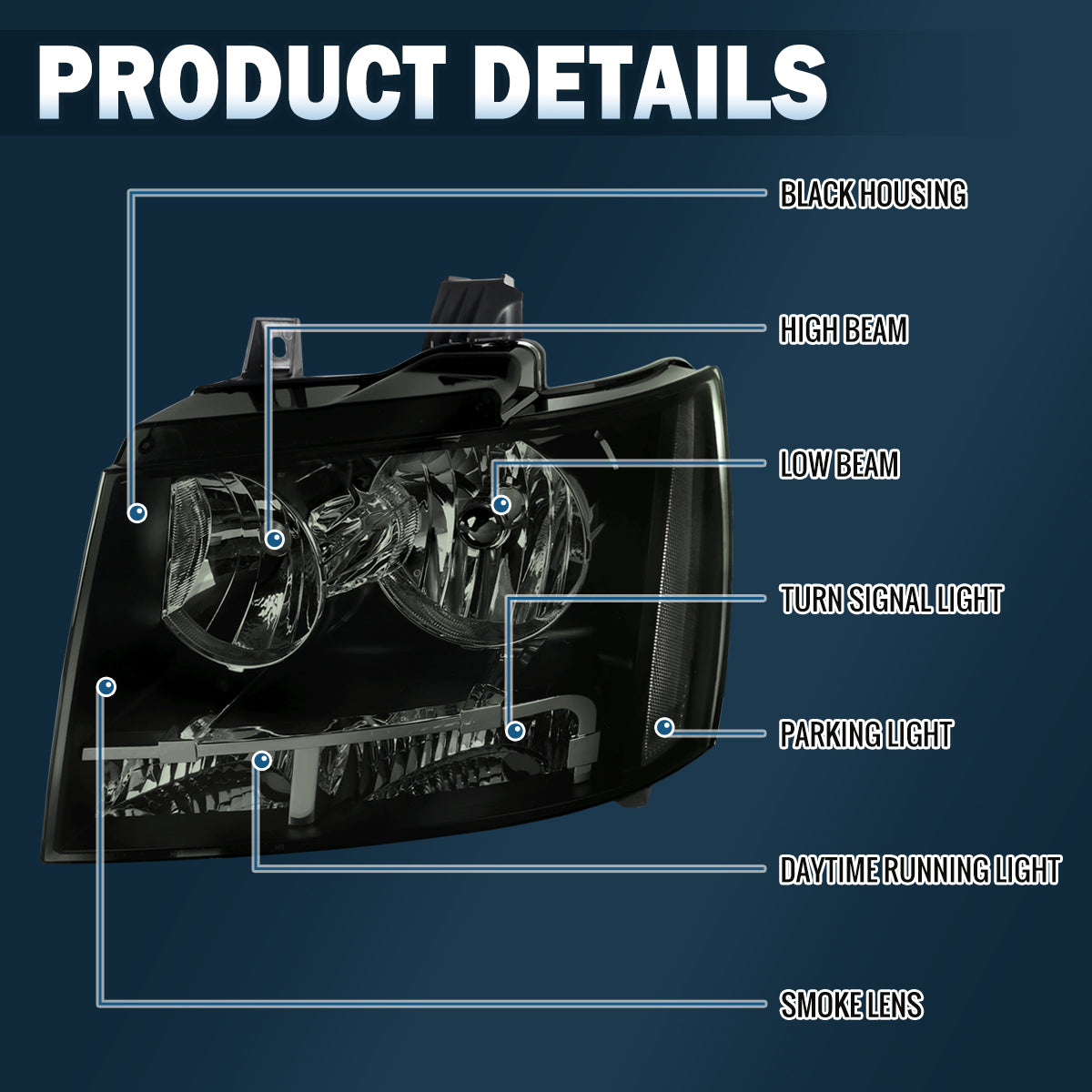 Ronnin - Conjunto de faros delanteros de repuesto con reflector transparente para Chevy Avalanche Tahoe Suburban 2007-2014 | Humo negro