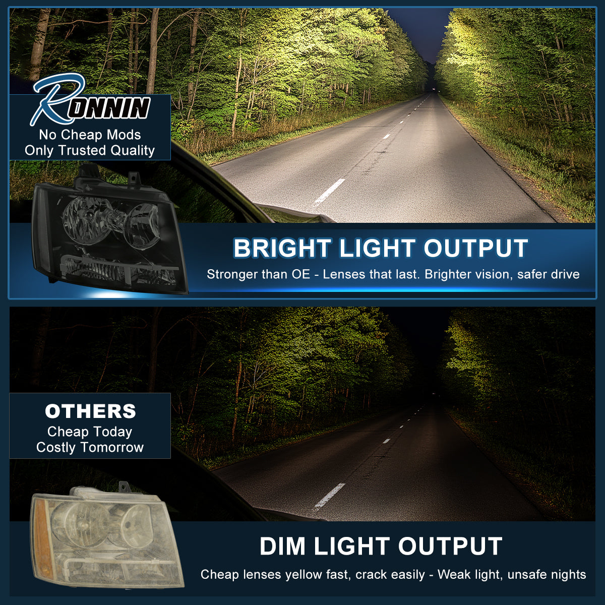 Ronnin - Conjunto de faros delanteros de repuesto con reflector transparente para Chevy Avalanche Tahoe Suburban 2007-2014 | Humo negro